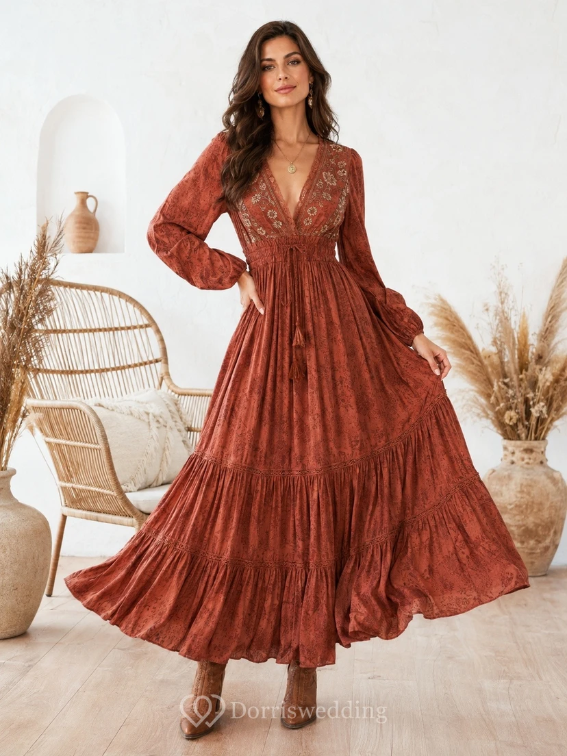 Boho Vintage Rust V-Neck Long-Sleeve Chiffon Pleated A-Line Floor-Length Dress