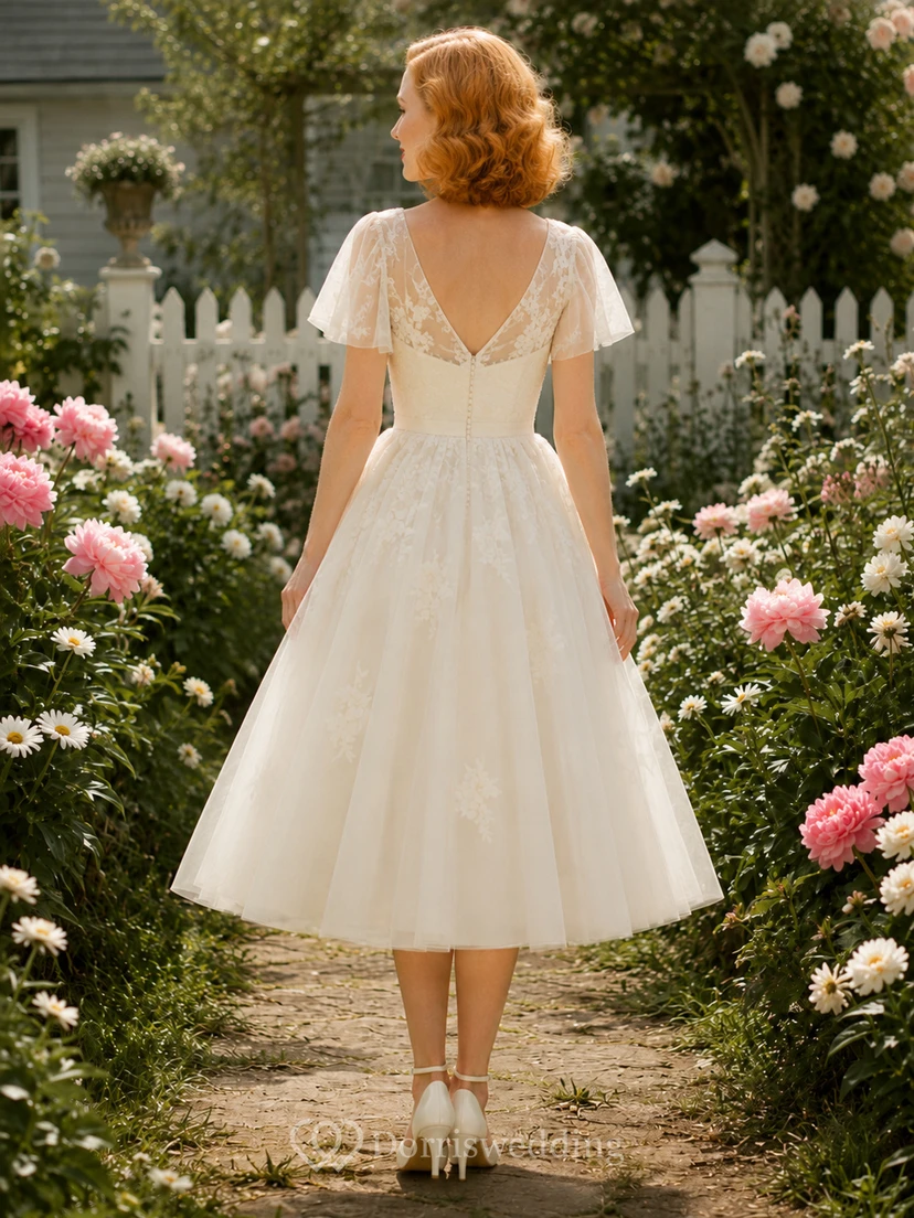 Vintage Tea Length Lace Flutter Sleeve Garden Wedding Dress view 2