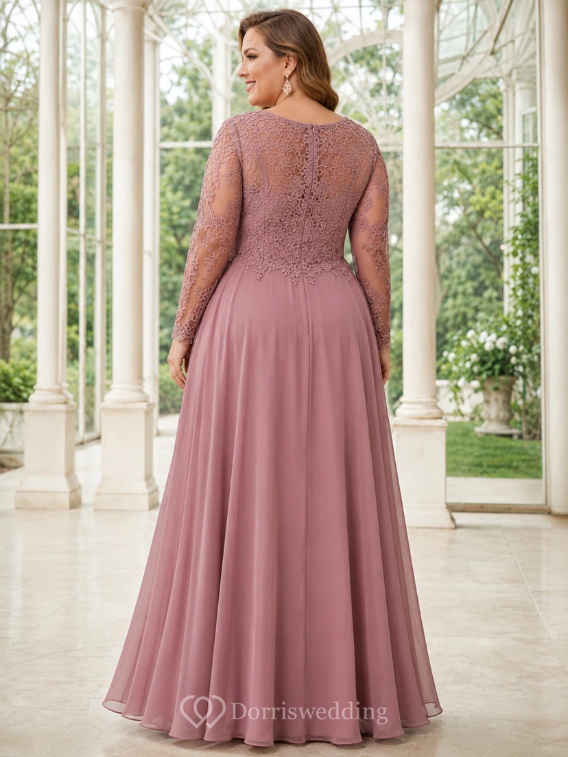 Romantisches Abendkleid aus Chiffon in A-Linie, bodenlang, mit V-Ausschnitt und langen Ärmeln aus Rosenholzspitze und Altrosa. view 2