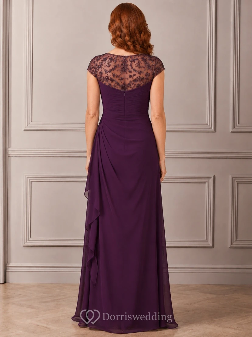 Plum Short Sleeve Lace Sheath Modest Formal Evening Dress view 2