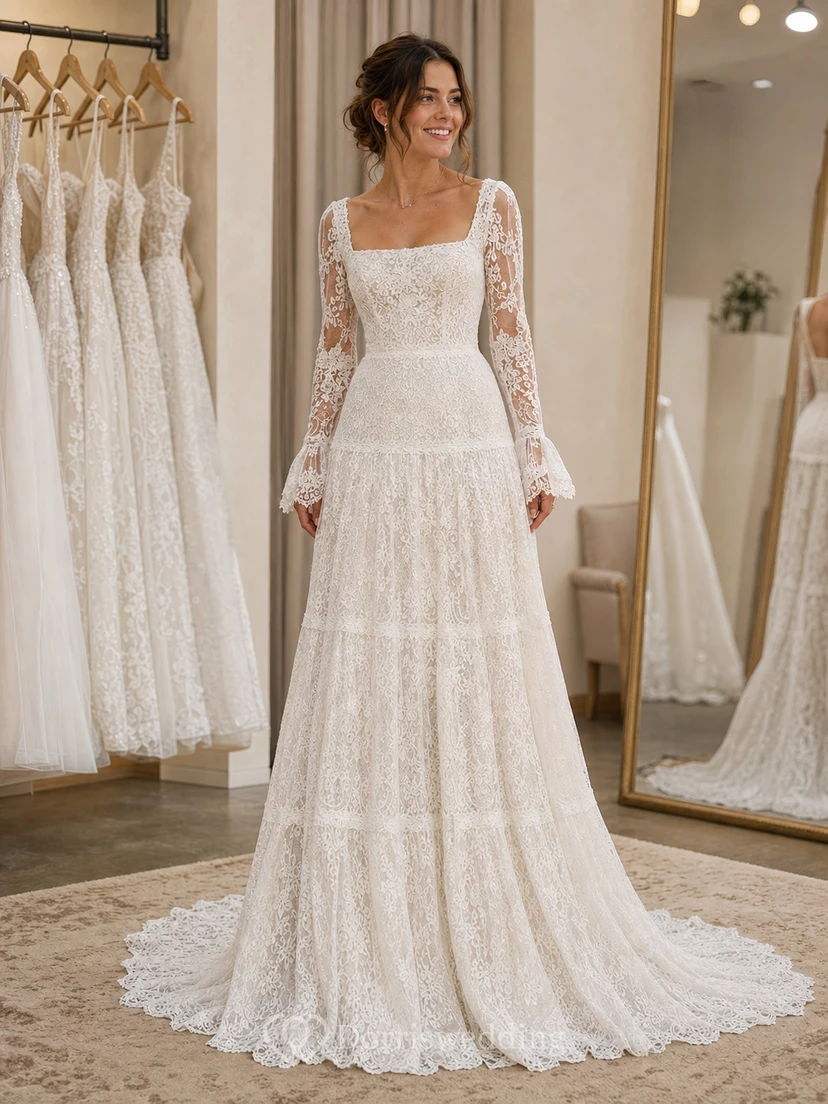 Vintage Boho Lace Wedding Dress with Square Neckline, Long Sleeves & Tiered A-Line Skirt view 6