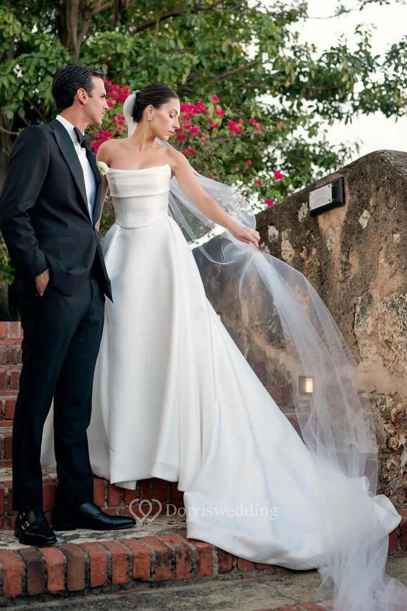 White Strapless Satin Wedding Gown view 2