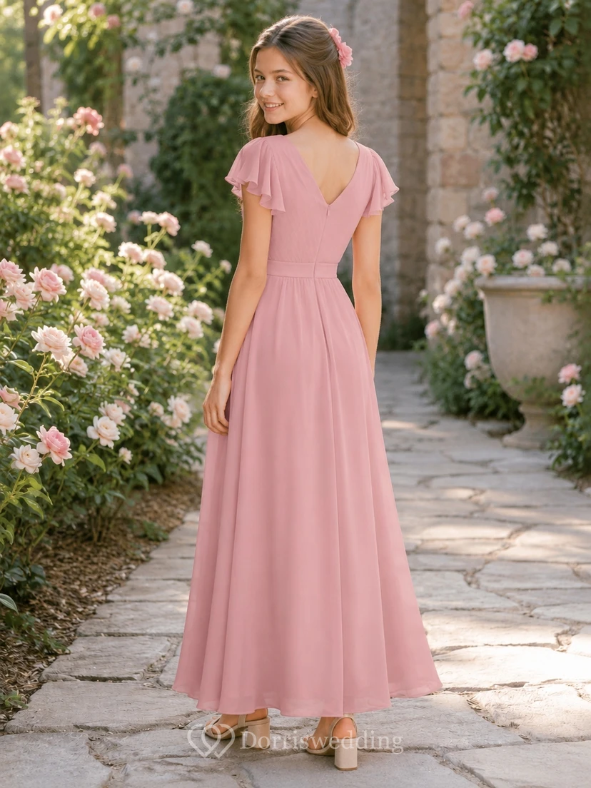 Elegantes Brautjungfernkleid in Altrosa, A-Linie, V-Ausschnitt, kurze Ärmel view 2
