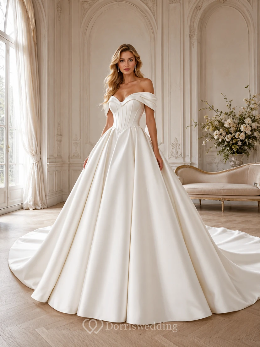 Vestido de novia de satén, vestido de gala sin tirantes con cola de capilla.