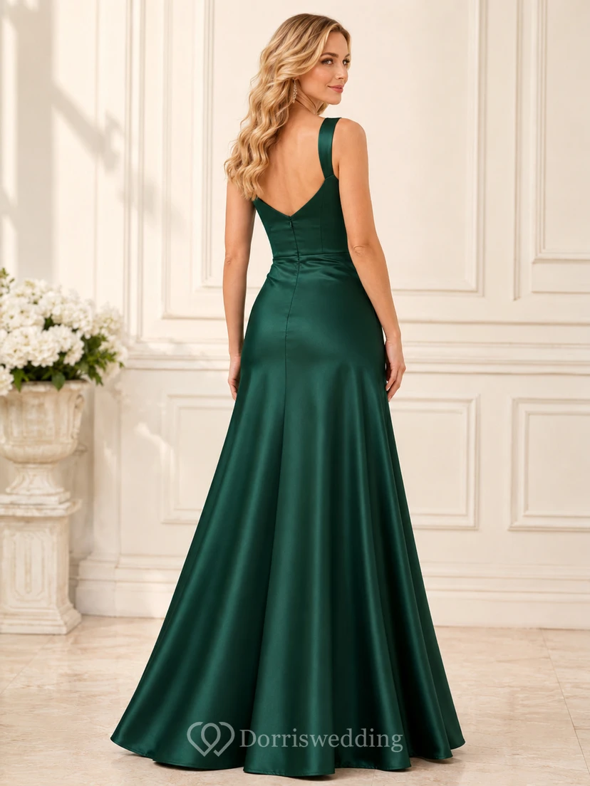 Emerald V-Neck Satin Fit And Flare Formal Dress view 2