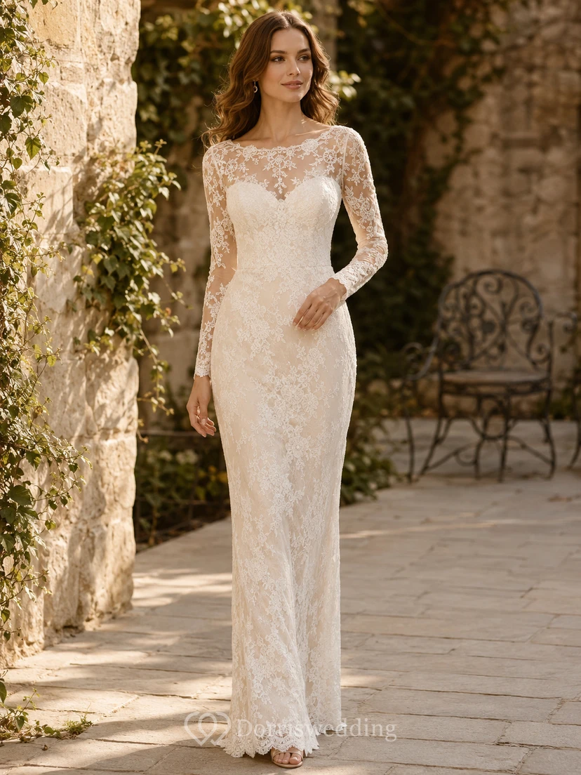 Modest Allover Lace Intimate Wedding Sheath Bateau Long Sleeves Floor Length