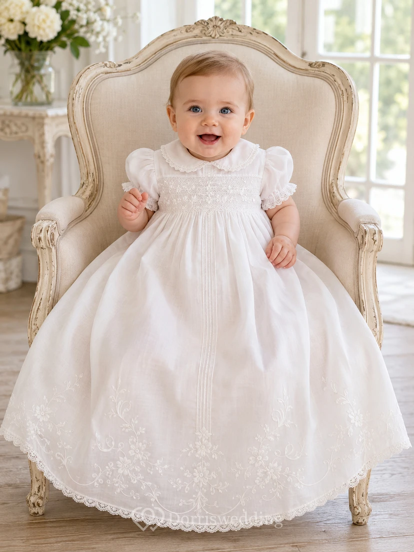 Vintage Baptism Dress A-Line Cotton Lace Scoop Neck Tea-Length Smocked Bodice