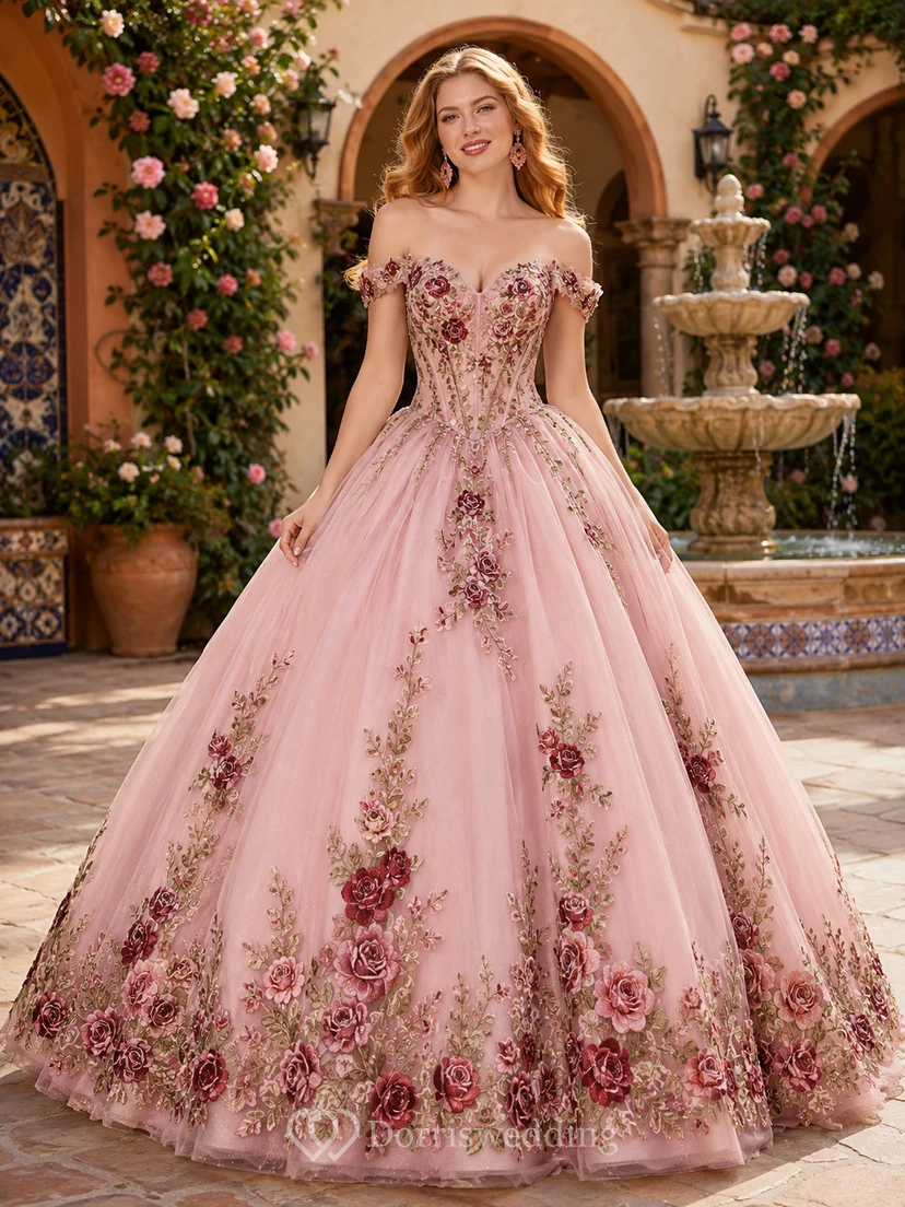 Vestido de fiesta formal de princesa para quinceañera, estilo princesa, con hombros descubiertos y bordado de rosas, color rosa estilo Hacienda.