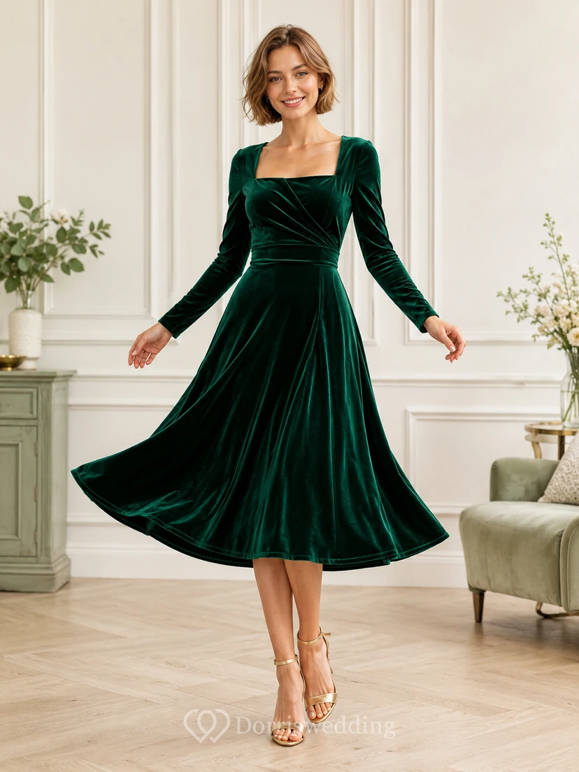 Dark Green Square Neck Long Sleeve Velvet Tea Dress Reception