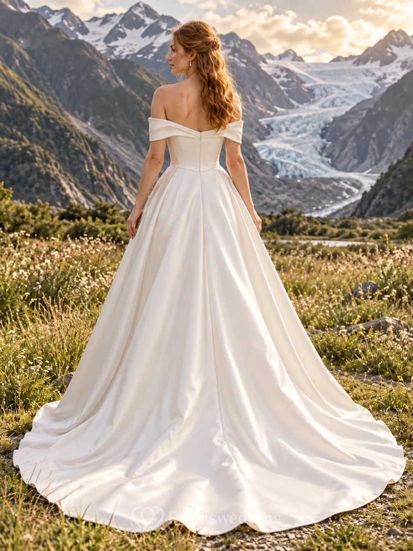 Schlichtes schulterfreies Brautkleid aus Satin in A-Linie mit langer Schleppe view 2