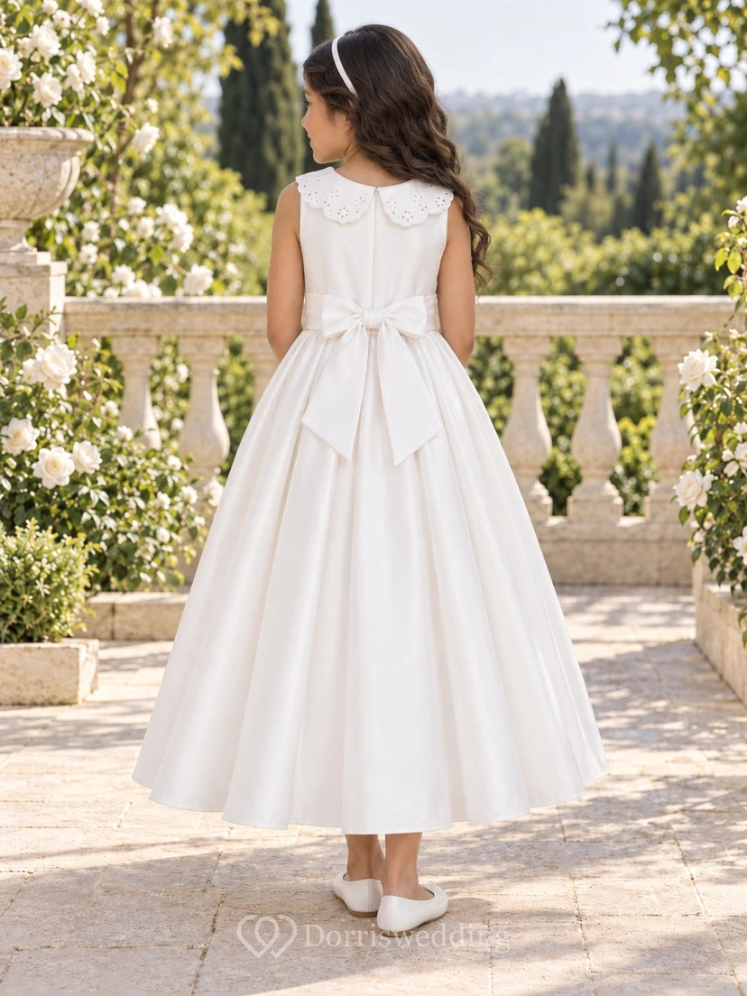 Vestido sencillo de satén blanco vintage de corte A hasta los tobillos, sin mangas y con cuello, para niña de las flores. view 2