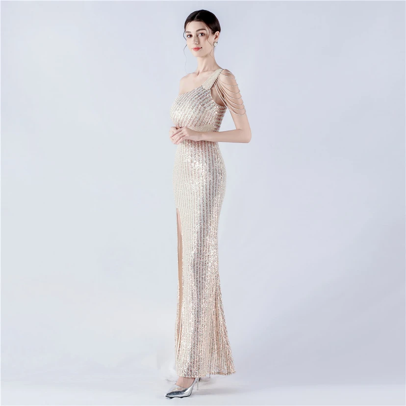 Heavy Beaded One-Shoulder Oblique Collar High Fork Sequin Dinner Dress view 22