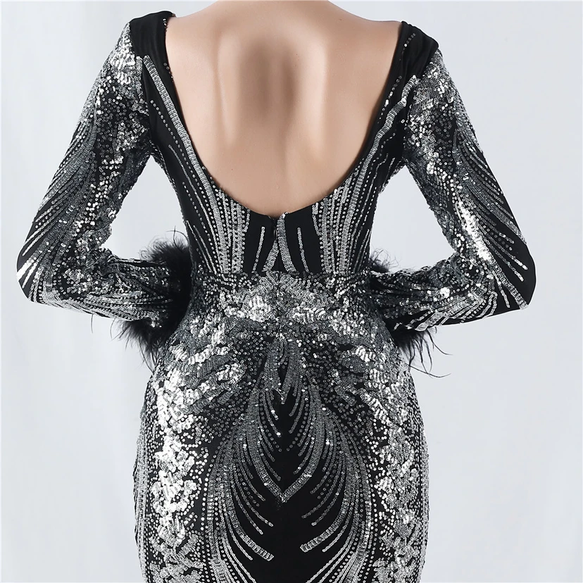 Robe de soirée haut de gamme ornée de perles florales fixes et de poils d'autruche, hôte de la réunion annuelle d'hiver view 25