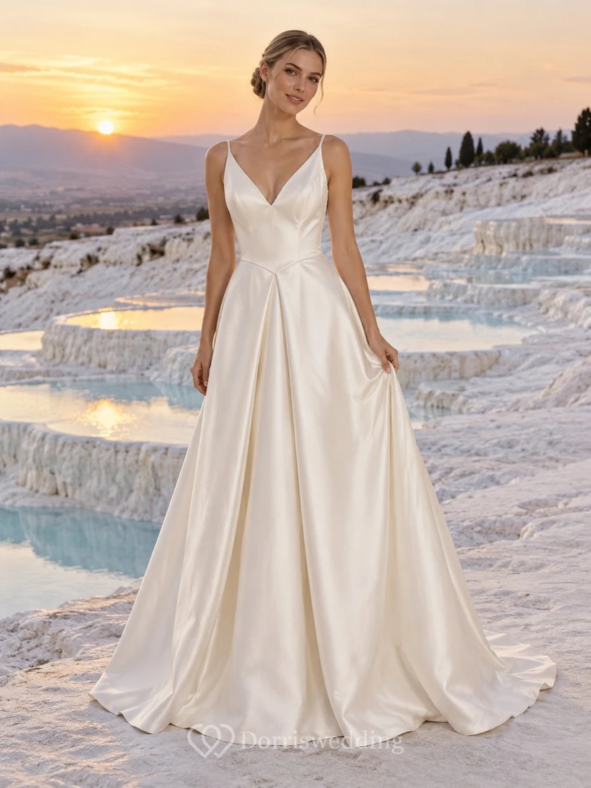 Vestido de novia sencillo de corte A con escote en V y pliegues de satén, con cola.