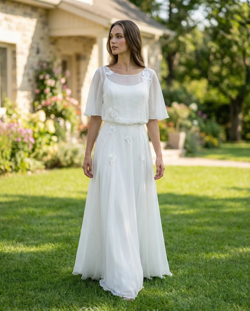 Chiffon-Etui-Hochzeitskleid mit Poetenärmeln im Boho-Stil