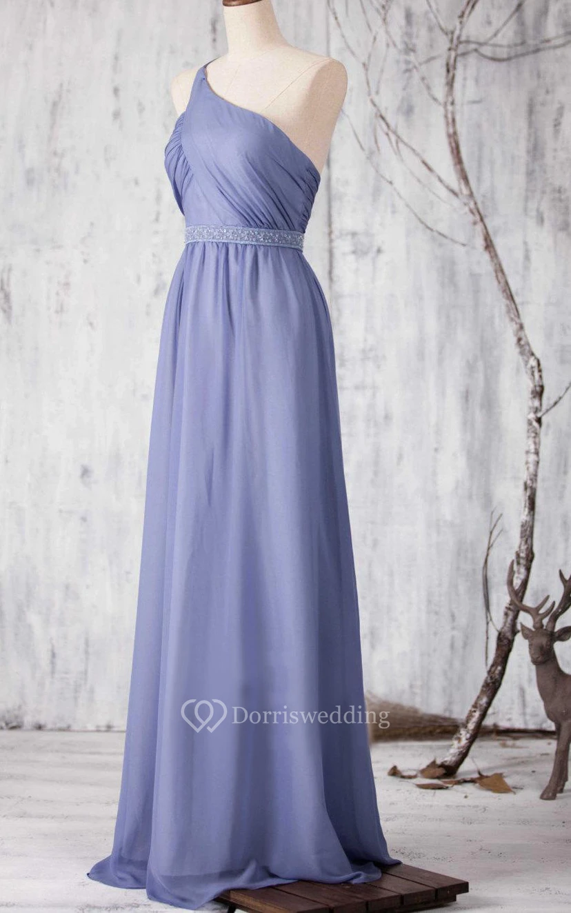 One Shoulder Criss Cross Bodice A-line Chiffon Long Dress With Beading view 2