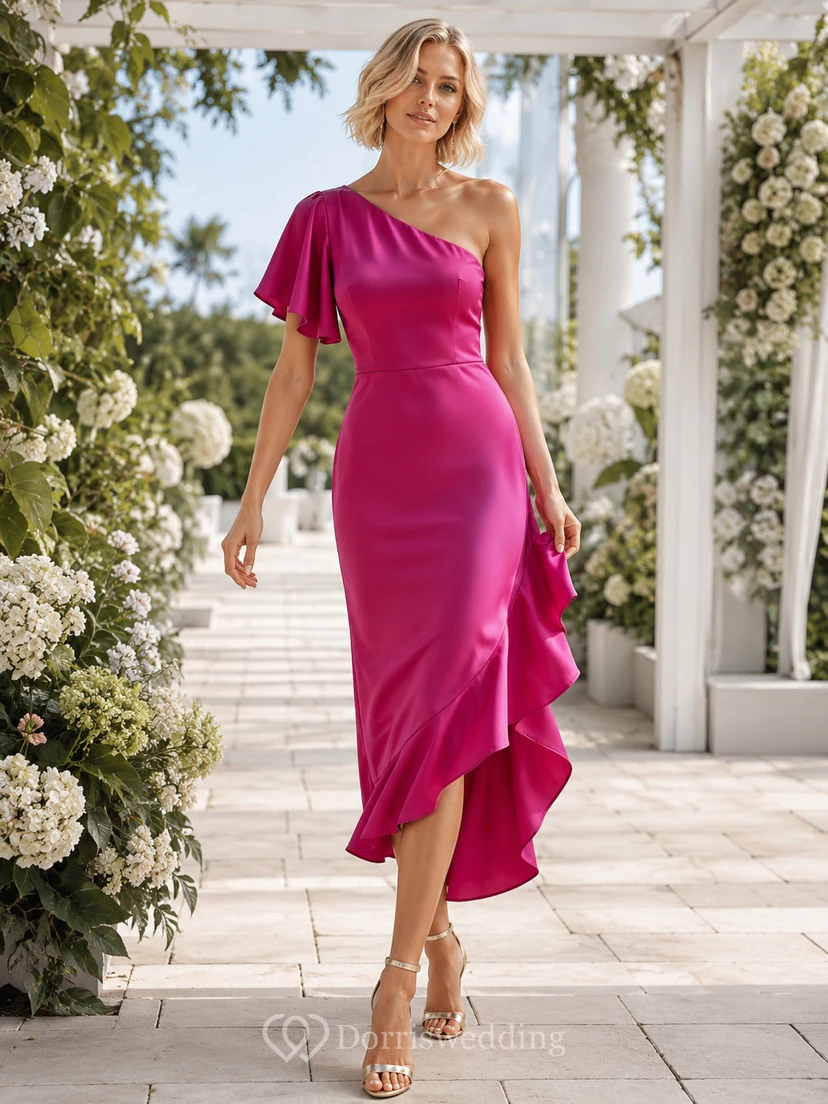 Fuchsia One Shoulder Flutter Sleeve Ruffle Midi Guest Dress
