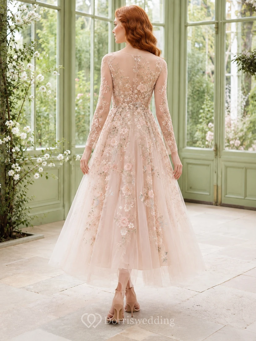 Blushing Pink Long Illusion Sleeve Floral Applique Tulle A-Line Tea-Length Wedding Dress view 2