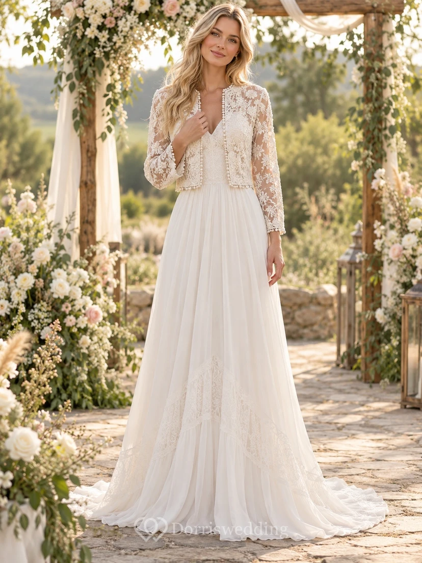Boho-Hochzeitskleid mit langer Ärmel, kurzer Spitzenjacke und fließendem A-Linien-Schnitt