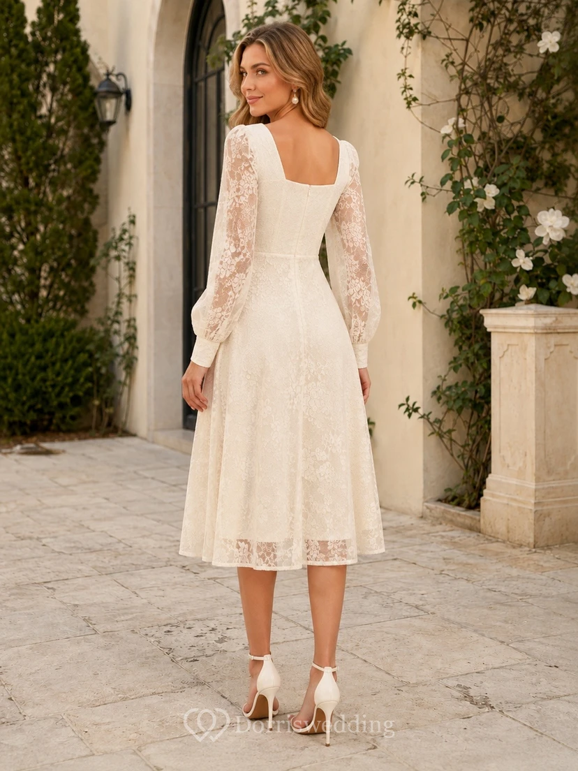 Vintage Langarmkleid mit eckigem Ausschnitt, Spitze, Teelänge, für das Probeessen view 2