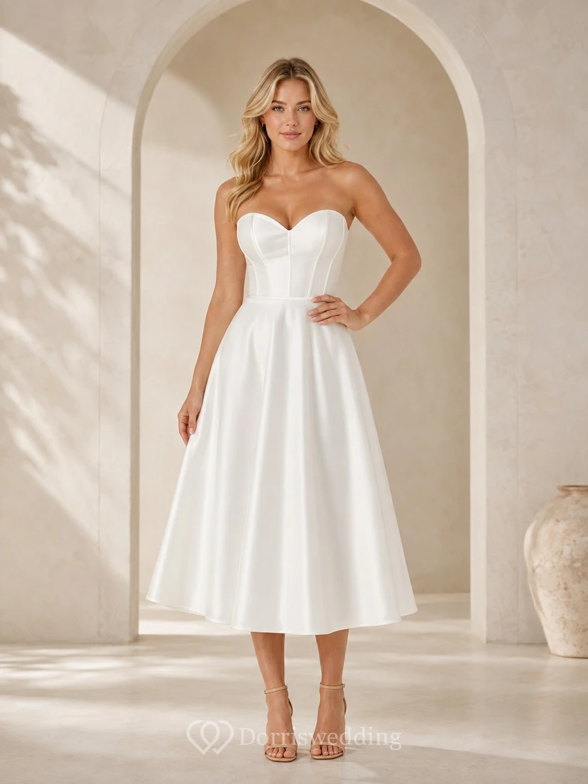 Civil Strapless Sweetheart Satin A-Line Tea-Length Simple Courthouse Wedding Dress