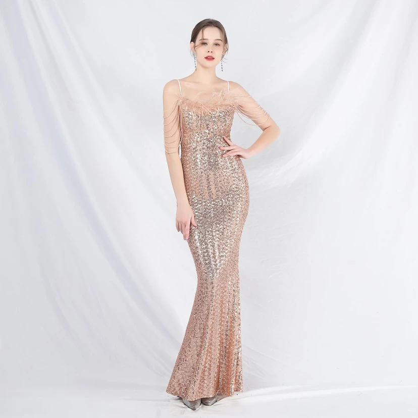Craft Beaded Ostrich Feather Fantasy Sequined Long Evening Dress view 29