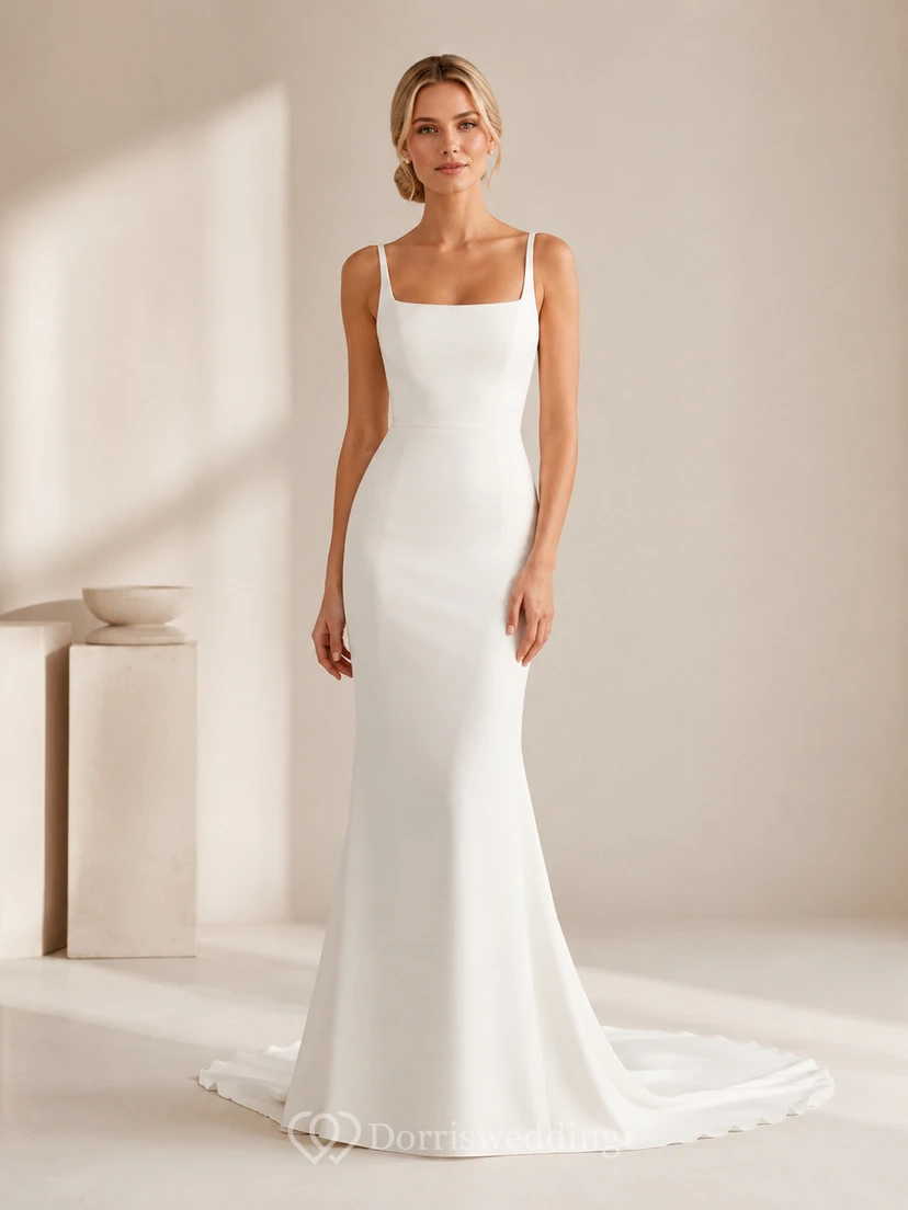 Minimalist Sheath Square Neck Crepe Wedding Dress With Court Train