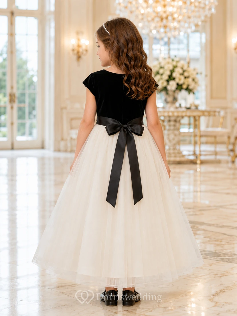 A-Line Black Tie Wedding Flower Girl Dress with Contrast Velvet Bodice, Tulle Skirt, Satin Waist Bow, Classic Formal Style view 2