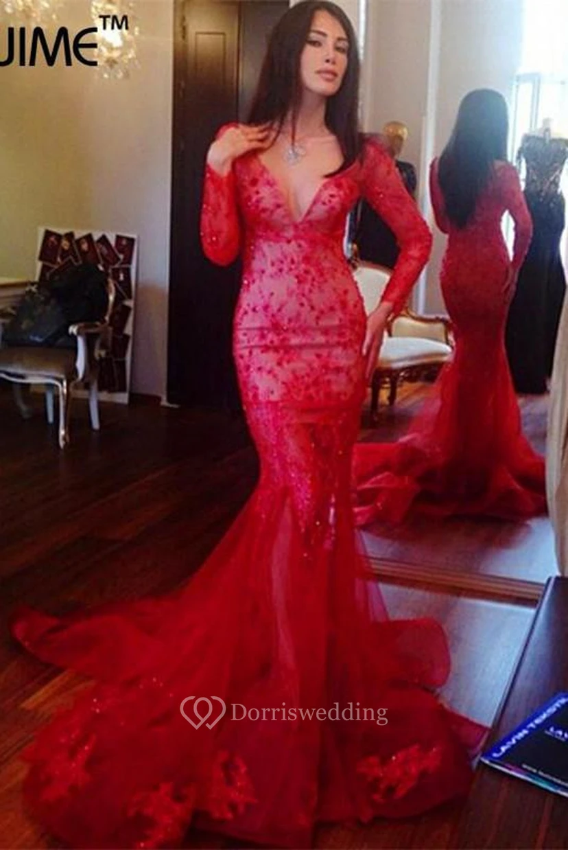 Glamorous V-neck Red Mermaid Prom Dress Long Sleeve With Lace Appliques view 2