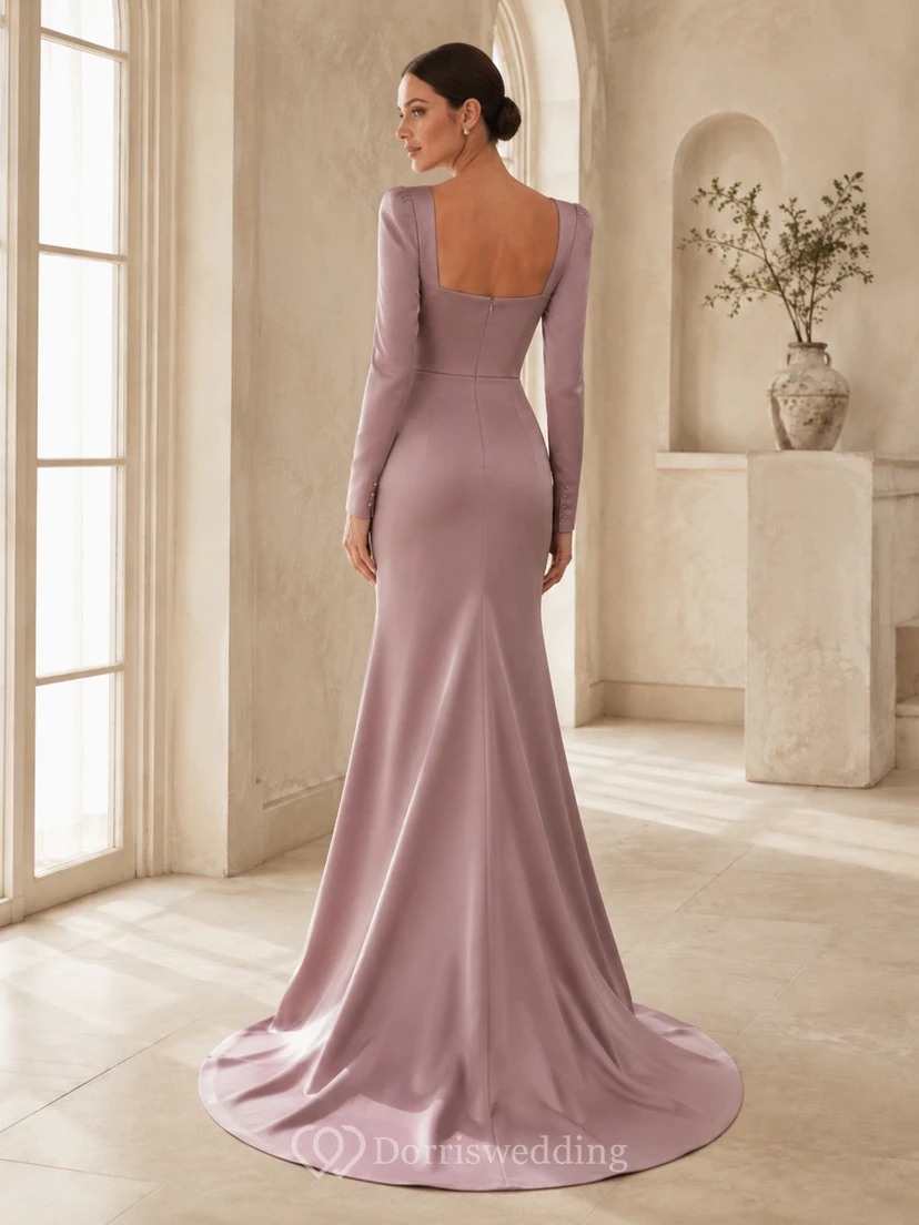 Mauvefarbenes Brautkleid aus Samt mit eckigem Ausschnitt, langen Ärmeln und Meerjungfrauen-Schleppe view 2