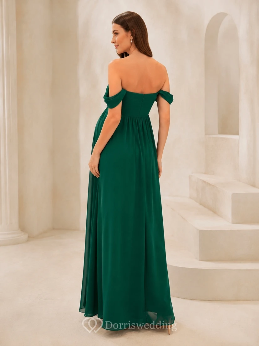 Dark Green Maternity Chiffon Off-the-shoulder Empire Waist Floor-length Dress view 2