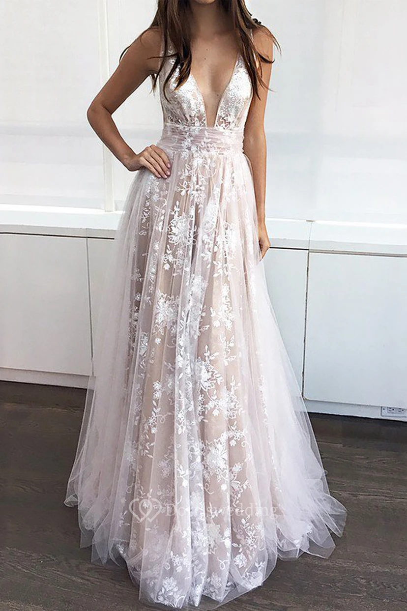 A-Line Lace Tulle V-neck Sleeveless Deep-V Back Dress