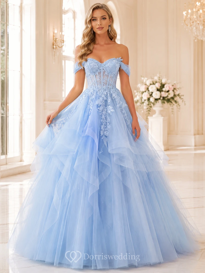 Vestido de fiesta largo hasta el suelo, azul cielo, con escote corazón, hombros descubiertos, apliques florales, cintura natural y volantes de tul.