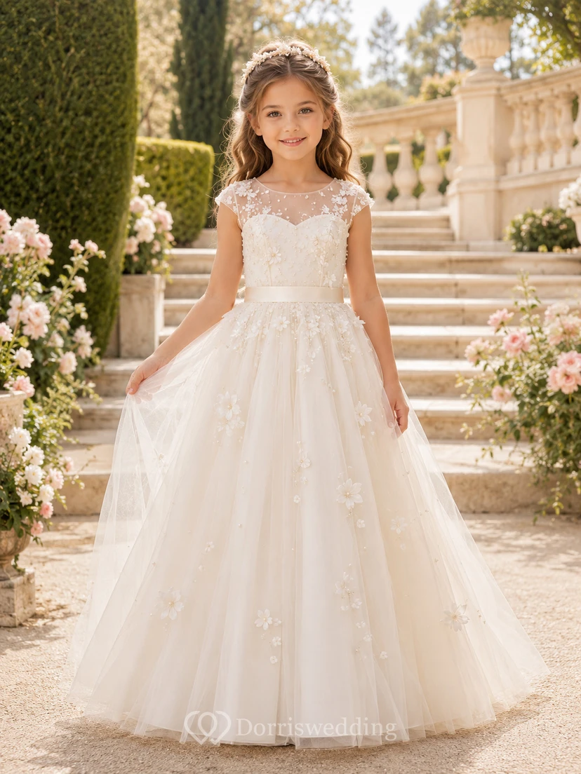 Robe de demoiselle d'honneur en tulle et dentelle à manches courtes