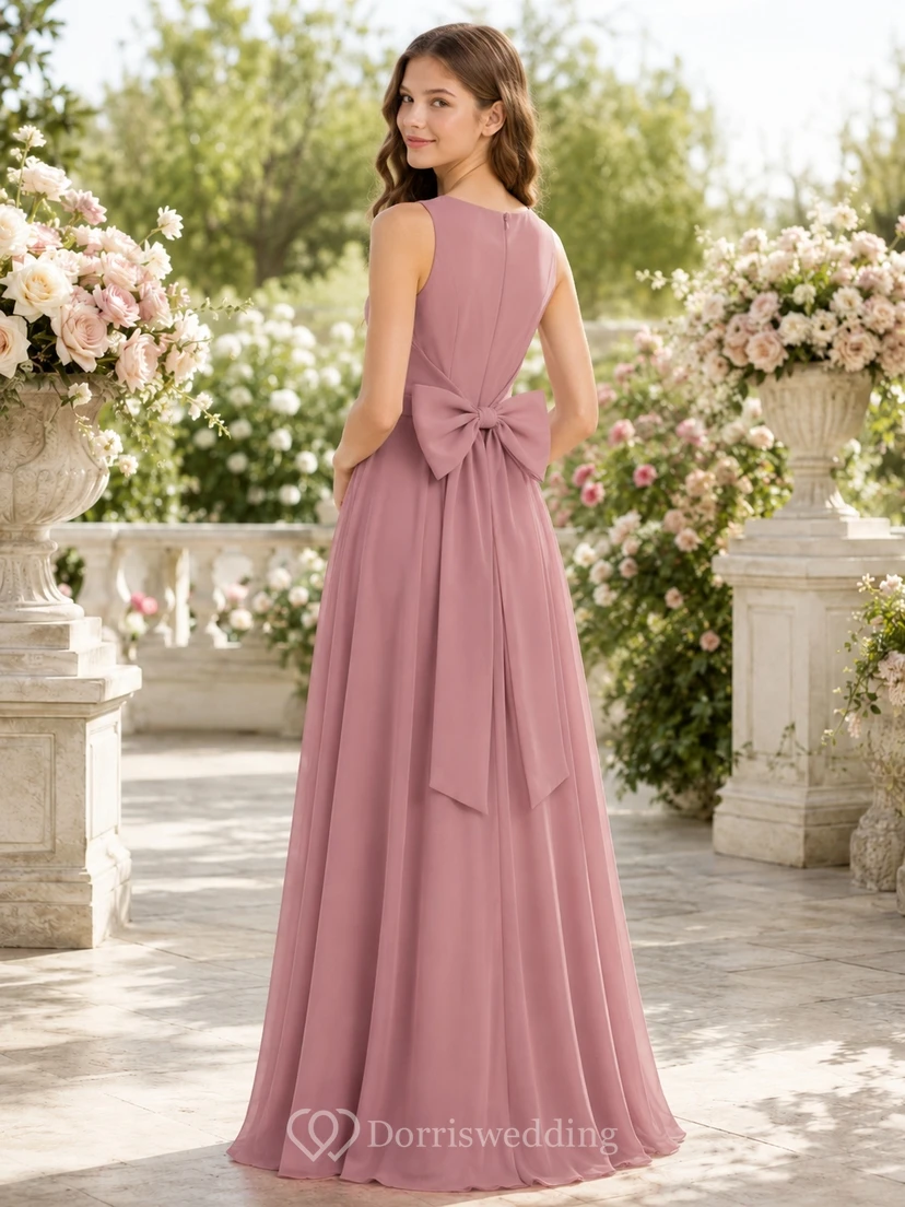 Romantisches, rosafarbenes Brautjungfernkleid in A-Linie mit Schmucksteinen, ärmellos, aus Chiffon mit Schleifendetail view 2