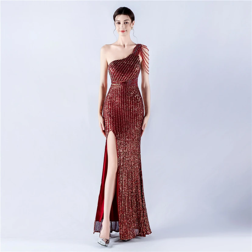 Heavy Beaded One-Shoulder Oblique Collar High Fork Sequin Dinner Dress view 12