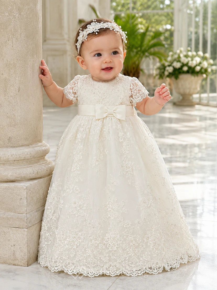 Vestido de lujo para ceremonia de bautizo de bebé, corte A, largo hasta el suelo, cuello joya, manga corta, tul, encaje, lazo en la espalda, botones en la espalda.