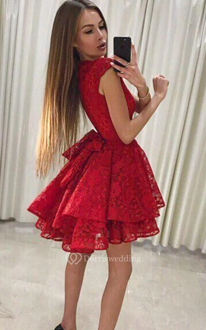 Lace A Line Zipper Cap Short Sleeve with Bows and Tiers Homecoming Dress view 2