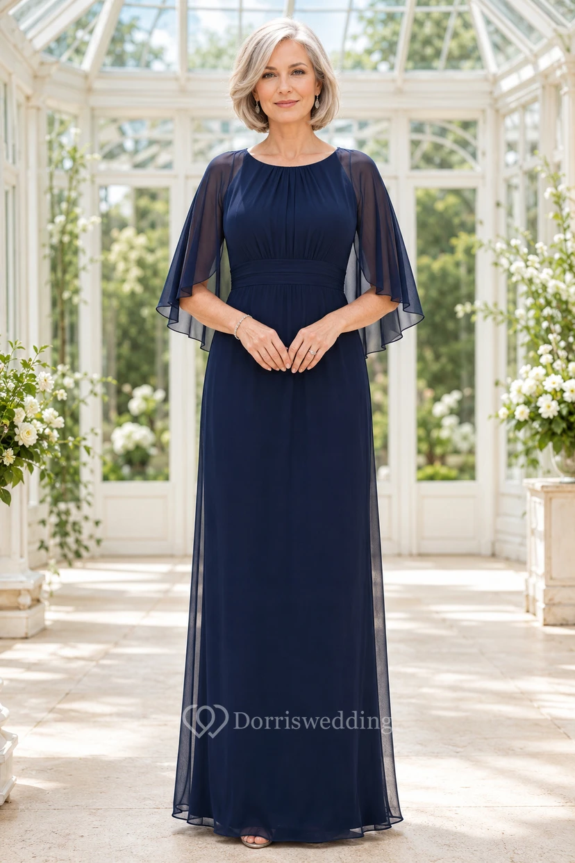 Marineblaues Chiffon-Mutterkleid mit U-Boot-Ausschnitt und flatterndem Cape