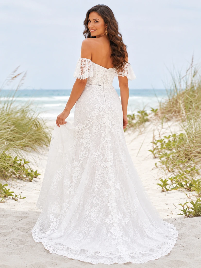 Beach Off Shoulder Flutter Sleeve Lace A-Line Low Back Wedding Dress view 2