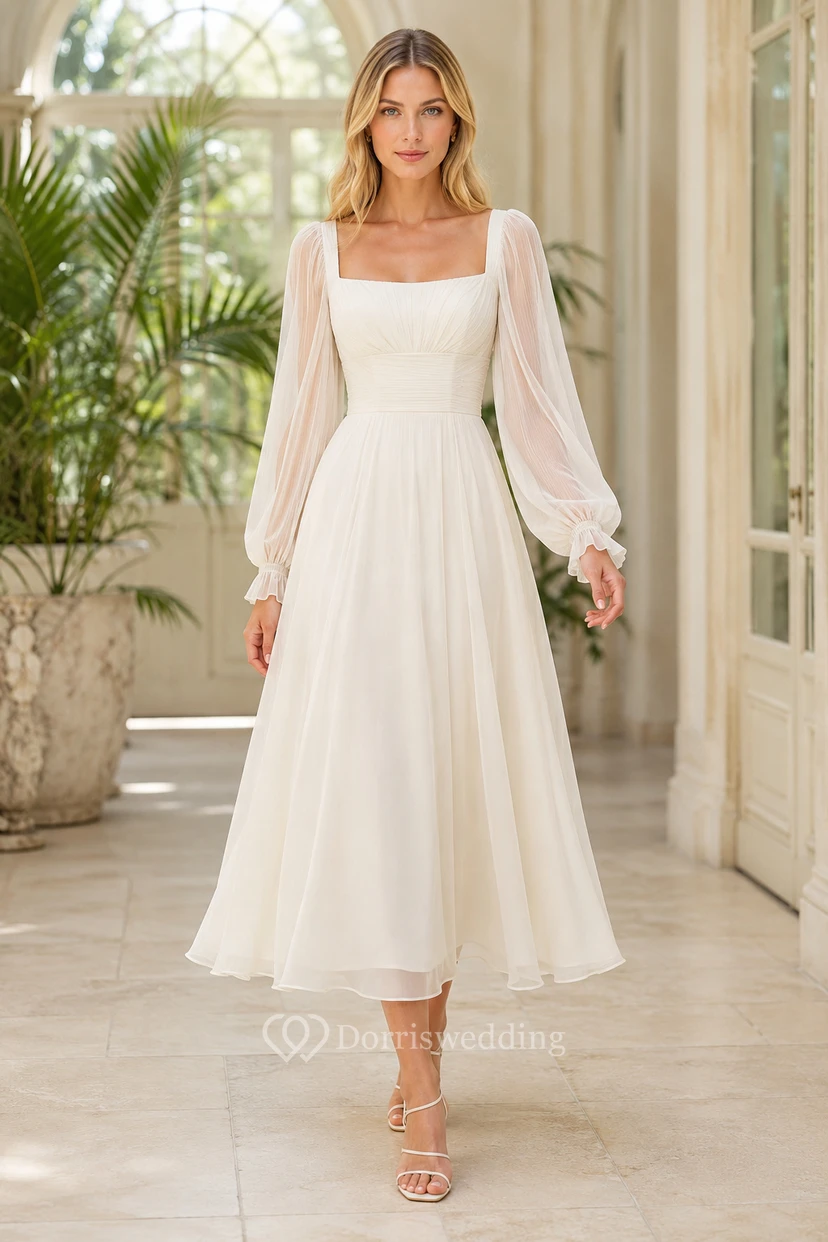 Ivory Long Sleeve Tulle Tea-Length Formal Dress