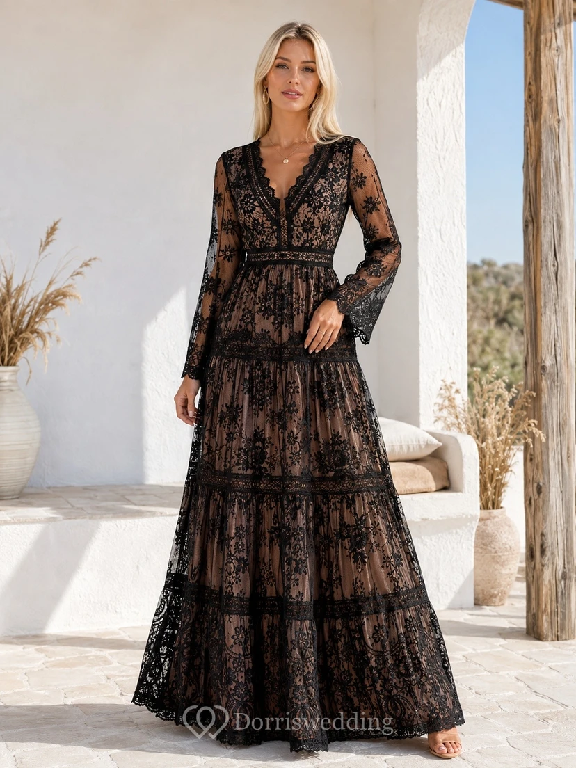 Boho Black V-neck Long Sleeve Tiered Lace Evening Dress