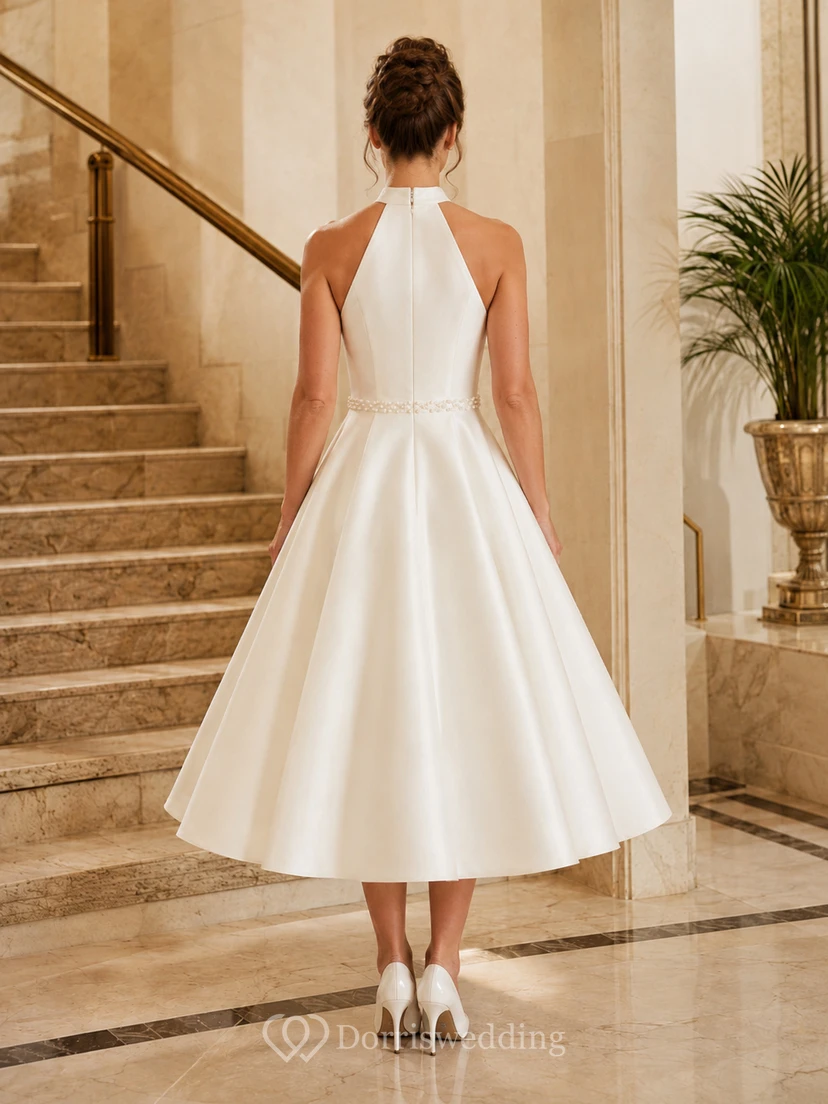 1950s Halter High Neck Satin A-Line Swing Tea Length Wedding Dress view 2