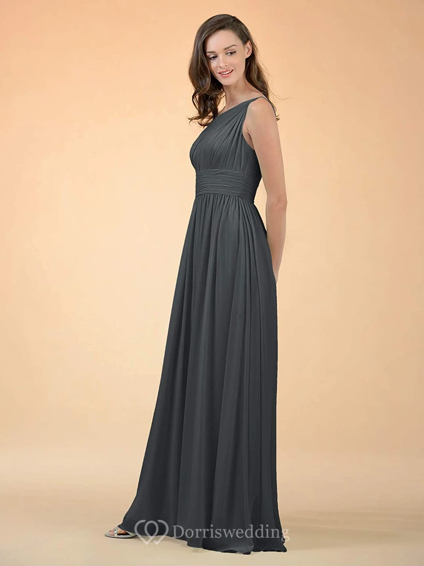 Simple One-shoulder A Line Sleeveless Floor-length Chiffon Bridesmaid Dress With Ruching view 12