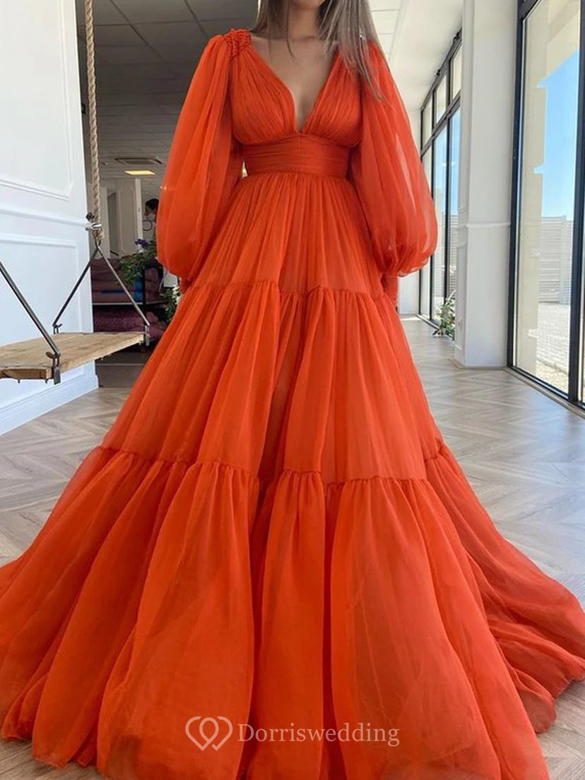 Sexy V-neck Puff Long Sleeve Chiffon Layered Empire Dress view 3