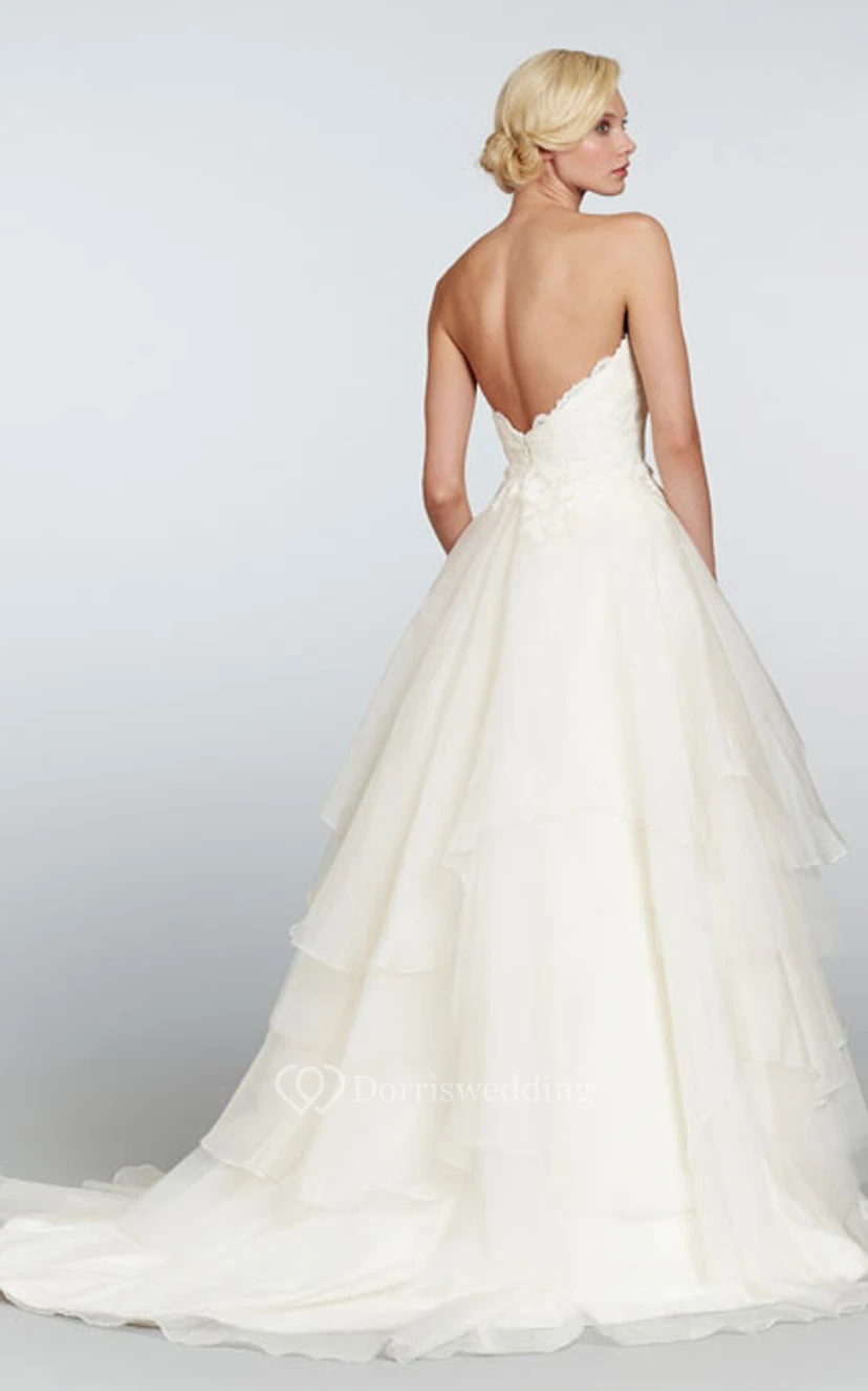 Klassisches trägerloses Ballkleid aus Organza mit Stufenrock und Spitzenoberteil view 2