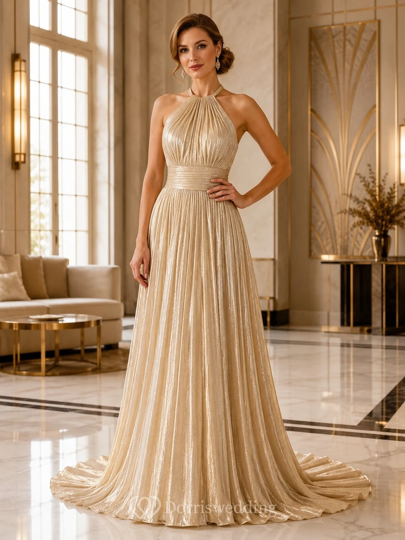 Robe de soirée de luxe en satin doré, plissée, à col montant et traîne, ornée de plis et de décolleté dos nu.