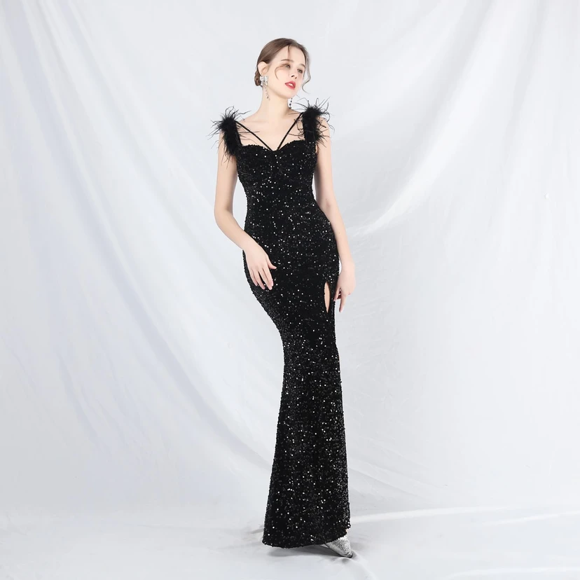Craft Beaded Ostrich Feather Plush Sequined Long Evening Dress view 58