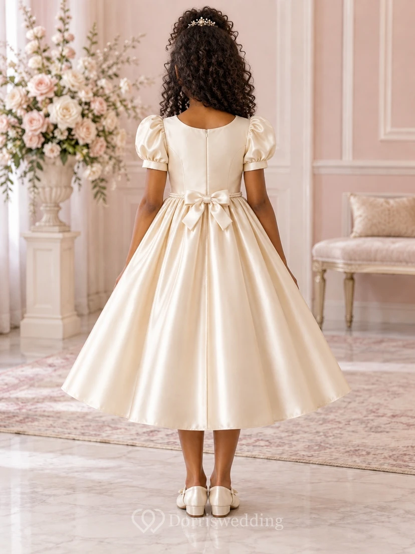 Teelanges champagnerfarbenes A-Linien-Blumenmädchenkleid aus Satin mit Puffärmeln, Illusion-Ausschnitt, gerafftem Rücken und Schleife. view 2