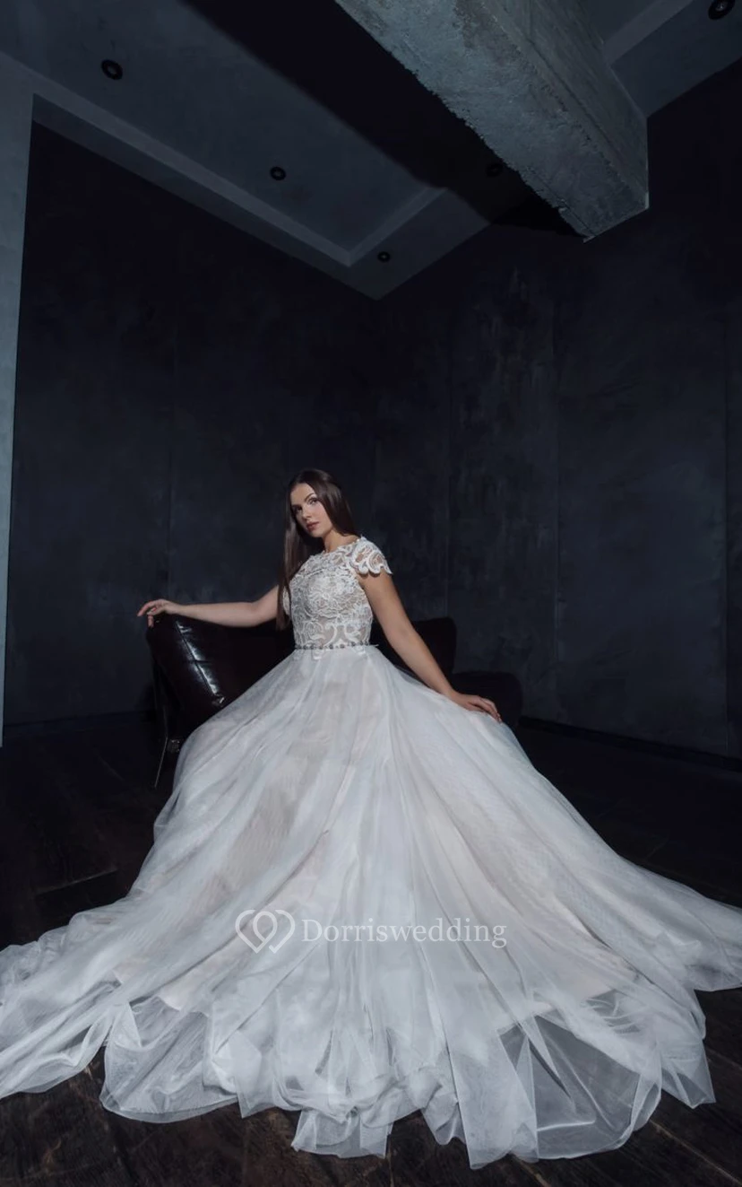Elegantes, ärmelloses Tüll-Brautkleid in A-Linie mit Falten und Spitzenoberteil in Übergröße view 5
